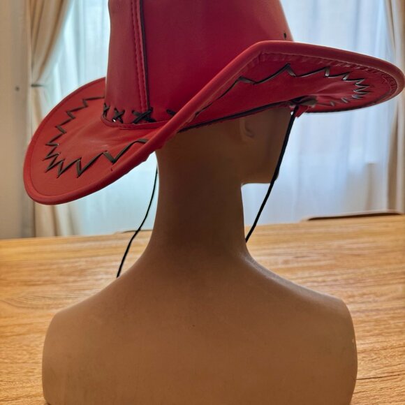 Red Faux Leather Cowboy Hat with Embossed Bull Logo & Black Stitching - Picture 3 of 8